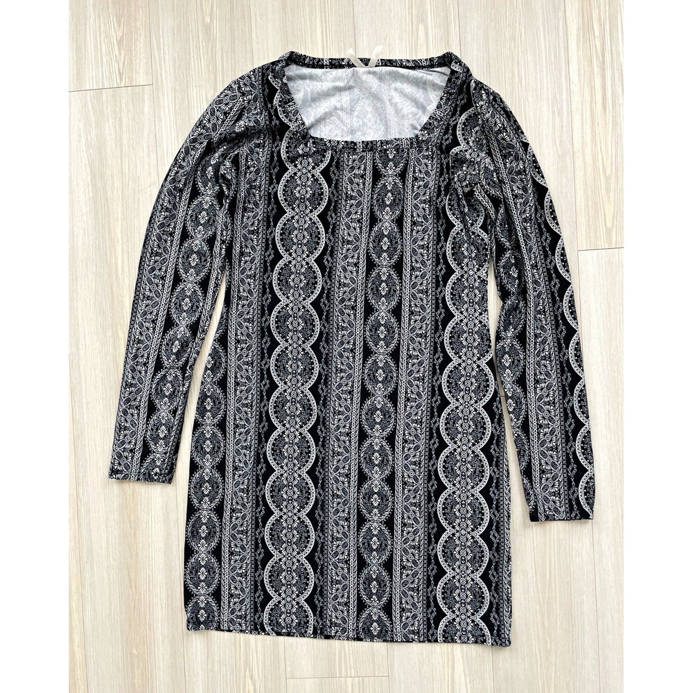 Mudd Women's Black White Geometric Square Neck Long Sleeve Dress Size M Y2K